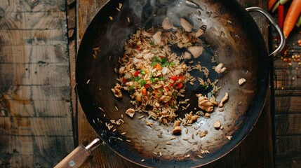Wall Mural - Fried rice with chicken. Prepared and served in a wok. Natural wood in the background. Top view.