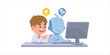 Human working with AI Robot with computer. illustration vector cartoon character design on white background. Medical concept.