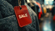 Sale tag hanging in front of denim jacket