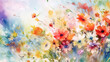 Watercolor wildflowers floral illustration - summer flower, blossom, poppies, chamomile, dandelions, cornflowers, lavender, violet, bluebell, clover, buttercup, butterfly. Generative AI