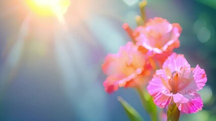 Poster - Gladioli, sword-Lilies, multicolored gladioli bloom the blue sky with sunlight shining. Close-up of gladiolus flowers. Bright gladioli bloom in summer. Large flowers and buds 4k video