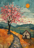 Fototapeta  - mix media spring  landscape themed  collage background
