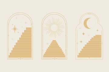 Wall Mural - Set arch window line frame celestial, mystic with staircase, astrology symbols moon and sun, line border, minimal tattoo isolated. Esoteric spiritual icon.