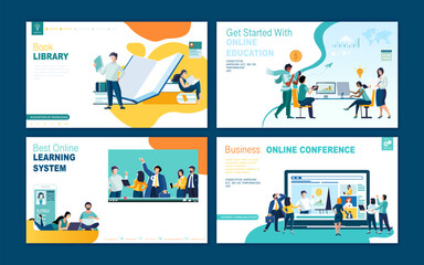 Set of web page design templates for book library, online learning, education. Modern vector illustration concepts for website and mobile website development. People work online, discuss business