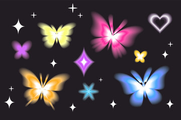 Sticker - Aura butterfly y2k futuristic aesthetic figure collection, neon abstract blurry shapes isolated on dark background.