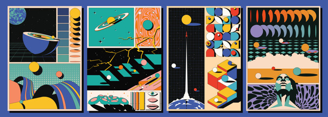 Wall Mural - 3d effect abstract dimensions space posters, space rocket, planets, geometric shapes backgrounds