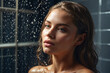 © Eightshot Images - A sensual portrait of a woman with water droplets on her skin and an intense, alluring gaze in a shower setting
