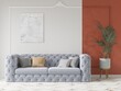 Mock up of a fashionable bright living room with a compact comfortable sofa and an original decorative background, 3D rendering.