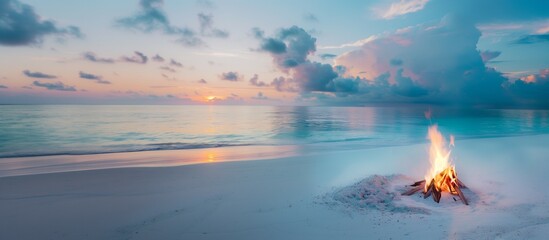 Sticker - white sand beach near the sea at sunrise with a campfire burning. 