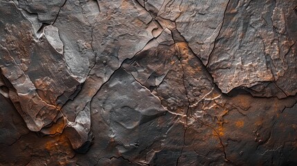 Canvas Print - A dark brown rough mountain surface with cracks, providing a textured brown stone background with space for design