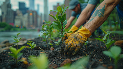 Wall Mural - Earth Day. Planting trees in an urban environment. 