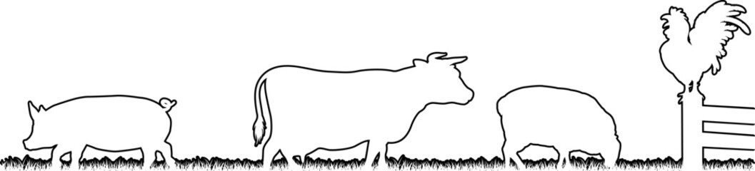 Sticker - A farm animals scene with silhouettes of cow, chicken, sheep and pig in a grass field scene landscape