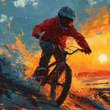 Fototapeta Kosmos - BMX Rider Freestyler Illustration with Colorful Splash Paint. Mountain Biker Riding a Bicycle