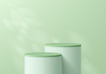 Wall Mural - 3d green podium background with white cylinder pedestal and leaf natural light scene. platforms mock