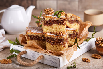 Canvas Print - Sponge cake bars with walnuts and cinnamon layered filling, covered with sugar powder. Delicious homemade sweet pie bars with nuts. 