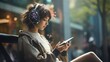 Teenage girl with futuristic headphones engrossed in her smartphone on a busy city street