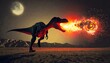 A dinosaur running in panic, asteroid attack, planet explosion