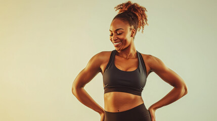 Wall Mural - Athletic woman with a toned physique posing confidently in a gym, showcasing health and fitness.