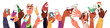 People hold different alcohol cocktails set. Glasses with martini, wine, champagne, energy drink cans, beer bottles in hands. Friends chin, cheers on party. Flat isolated vector illustration on white