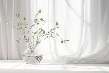 Wall Mural - Empty white counter table, soft, smooth blowing sheer fabric curtain drapery, tree branch glass vase in sunlight for luxury cosmetic, skincare, beauty, Generative AI