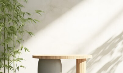 Wall Mural - Minimal wooden pedestal side table podium, green bamboo foliage in sunlight, leaf shadow on white natural stone wall for luxury organic cosmetic, body care, beauty product, Generative AI
