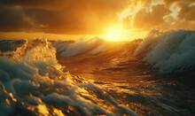 Sunset / Sunrise Over The Sea / Ocean, Golden Hour With Clouds, Eye Level View Of Waves With Foam Crashing	
