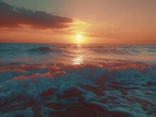 Sunset / Sunrise Over The Sea / Ocean, Golden Hour With Clouds, Eye Level View Of Waves With Foam Crashing	