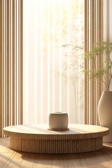 Wall Mural - Wooden round podium, corrugated side, vase in sunlight from Japanese shoji window, lace curtain on tatami mat for luxury organic cosmetic, beauty treatment product display, Generative AI