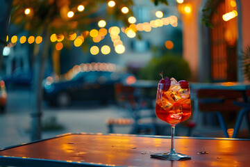 Wall Mural - Aperol Spritz cocktail served outside on cafe table, evening lights