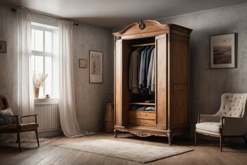 Wall Mural - A weathered wooden wardrobe with a vintage glass panel accents the aged brown facade of a village house