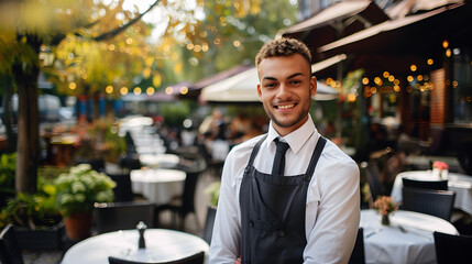 Wall Mural - Young cheerful waiter on summer restaurant patio