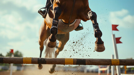 Closeup of a brown equestrian horse showjumping, jumping over the hurdle obstacle barrier with the rider on his back. Competition sport or training outdoors, stallion contest 