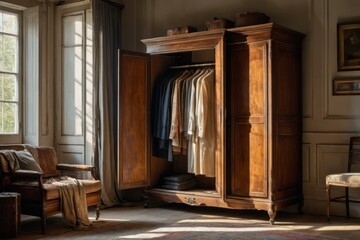 Wall Mural - A vintage brown wooden cabinet with a closed door complements the warm interior design of the home