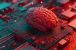 Bedrohliche Farben, Gehirn, Totenkopf und digitale Platine mit Computerchips, Konzept gefahren von künstlicher Intelligenz