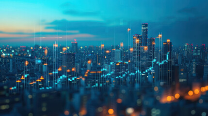 Poster - melds the tranquil beauty of a city at dusk with the dynamic energy of digital financial graphs, capturing the pulse of an economy that never sleeps