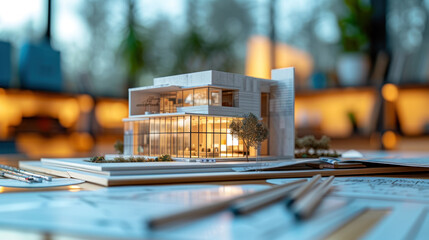 Poster - A detailed architectural model home basks in soft daylight, surrounded by meticulously designed greenery, highlighting sustainable living and modern design