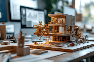 Poster - elegantly displays an architectural model of a contemporary house, highlighting the intricate interior details and modern design elements set in a professional workspace
