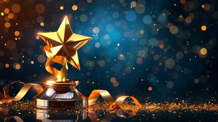 Trophy gold star on podium with ribbon elements and glitter light effects decorations and bokeh