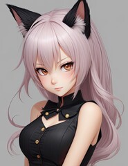 Wall Mural - A detailed, stylized portrait of an Anime Girl with Cat Ears, her expression mischievous and playful