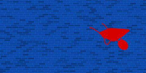 Wall Mural - Blue Brick Wall with large red garden cart. The symbol is located on the right, on the left there is empty space for your content. Vector illustration on blue background