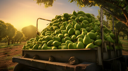 Wall Mural - Cargo truck carrying avocado fruit in a field. Concept of agriculture, food production, transportation, cargo and shipping.