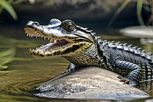 A Baby Crocodile On A Stone In A River. Generative Ai