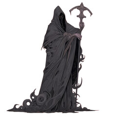 An illustration of a mysterious figure cloaked in black with sharp weapons