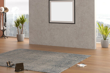 Canvas Print - 3d render empty interior design parquet floor and  lampshade , photo frame