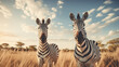 Zebras stehen im hohen Gras, Gruppe von Zebras im Sonnenuntergang in der Savanne