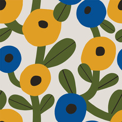 Wall Mural - Bold floral seamless texture. Cute vector pattern with big flowers and leaves. Hand drawn floral background