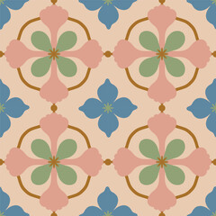 Wall Mural - Beautiful seamless pattern with geometric floral tile. Vector texture in ceramic tile style with simple flowers and abstract shapes. Repetitive decorative background