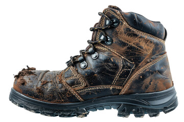 old brown leather rugged worker boots shoes with mud and dust isolated on white or transparent png