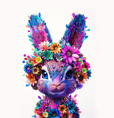 Wall Mural - cartoon colorful bunny with flowers on white background. created with generative ai