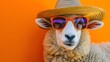 Cooles Schaf mit Mütze und Sonnenbrille vor orangenem Hintergrund